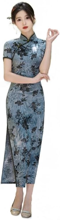 Shanghai Story Womens Velvet Long Cheongsam Dress Flower Patterned Mandarin Collar Traditional Short Sleeve Chinese Qipao