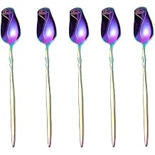 Stainless Steel Spoon Set - 5 Pack, Rose Flower & Dessert Spoons, Cute (Colorful)