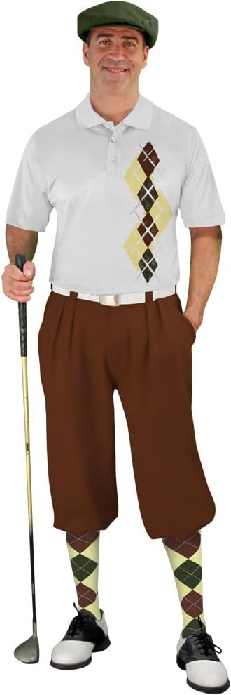 Argyle Paradise Outfit - Mens J: Butter Olive and Brown Complete Golf Outfit - Waist Size 48 - Shirt Size Small