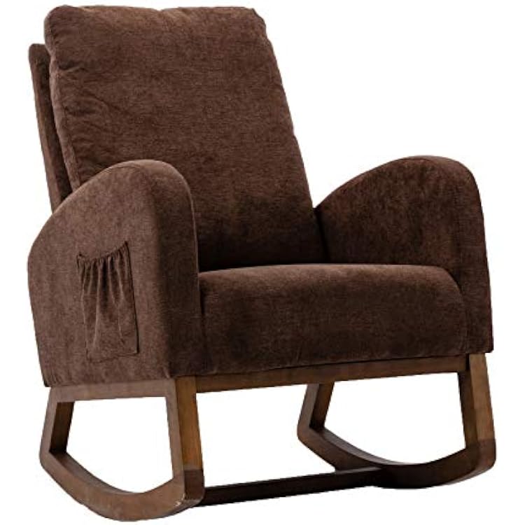 Dolonm Rocking Chair Mid-Century Modern Nursery Rocking Armchair Upholstered Tall Back Accent Glider Rocker for Living Room Brown