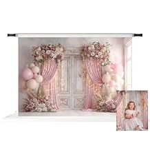 Kate Valentine's Day Floral Backdrop for Couples Flower Balloons Drapes Vintage Doors Pink Curtain Background Photo Props 7x5ft