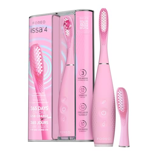 FOREO ISSA 4 Electric Toothbrush 4-in-1 Rechargeable with Extra Brush Head, Soft Bristles, Long-Lasting Use, Gentle Cleaning - Pearl Pink