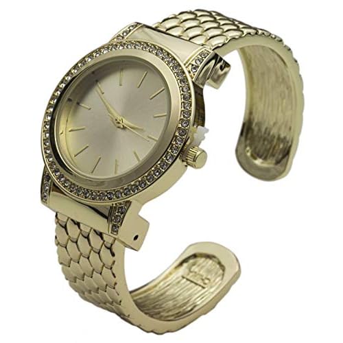 Blekon Collections Quartz Womens Rhinestone Bezel 34mm Case Metal Bangle Cuff Watch Gold