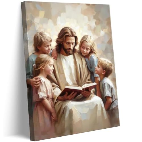 Jesus Teaching Children Canvas Wall Art Christian Kids Room Wall Decor Picture Jesus With Children Bible Poster Print for Kids Room Bedroom Church Decorations Ready To Hang