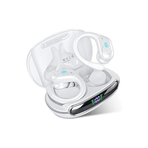 Wireless Earbuds Bluetooth Headphones 80Hrs Playback with LED Diaplay Wireless Charging Case Noise Cancelling Ear Buds with Earhooks, Over Ear Earphones for Sports Running Workout White