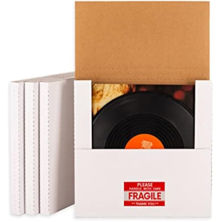 12 LP Mailers 12.8L x 12.8W x 1H Vinyl Record Shipping Boxes, White Corrugated Cardboard Album Mailing Box with Fragile Stickers, 15 Pack