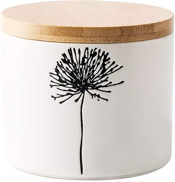 123Arts Ceramic Sugar Bowl Relief Dandelion Candy Dish Storage Pot with Seal Wooden Lid