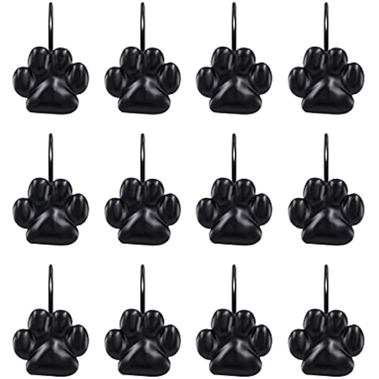 Sunlit Fashion Design Cute Paw Print Polished Shower Curtain Hooks for Dog Cat and Bear, Rust Proof Oil Metal Shower Curtain Rings, Black-12 Pack