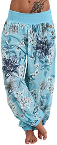 Andongnywell Women Print Wide Harem Pants Hippie Boho Loose Pocket Button Harem Pants High Waist Baggy Beach Pants