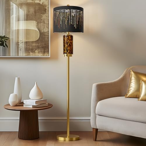 Oneach 63.75 Floor Lamp for Living Room, Modern Gold Lamp with LED Leopard Glass Night Light, Vintage Standing Lamp, Black Lampshade, Unique Luxury Tall Lamp for Bedroom Home OfficeBulb Included
