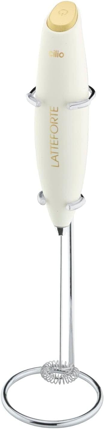 Cilio Latteforte Battery Powered Milk Frother, with Stainless Steel Stand, White, 2.8" x 9.9"
