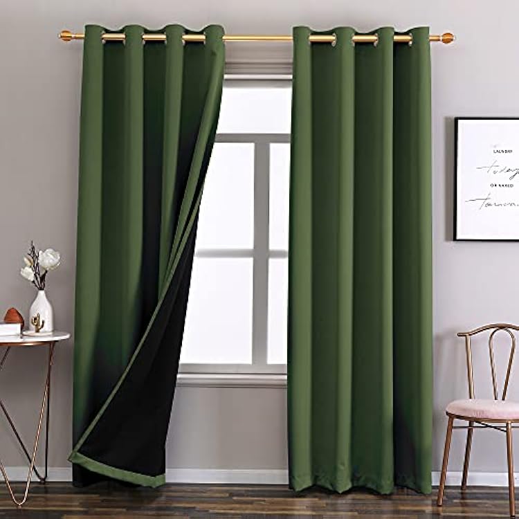 Roy Lei Green Bedroom Blackout Window Curtain Panels, Solid Thermal Insulated Soundproof Solid Grommet Black Curtains & Drapes for Living Room,2 Panels 108 inch Long