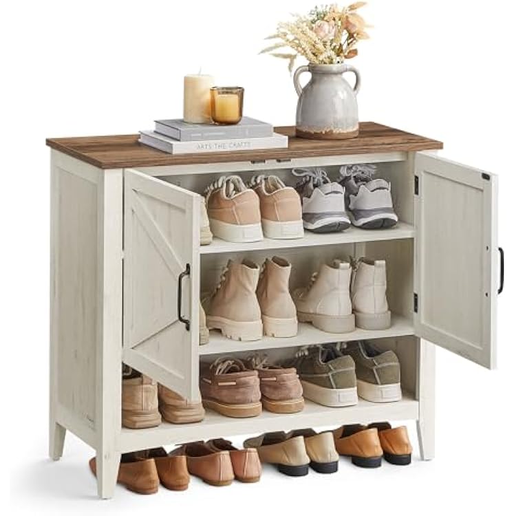 VASAGLE LIRY Collection - Shoe Cabinet, 3-Tier Storage Organizer, Shoe Shelf, Farmhouse Freestanding Cabinet, Height-Adjustable Shelf, 13.8 x 31.5 x 27.6 Inches, Rustic White ULBC038W01