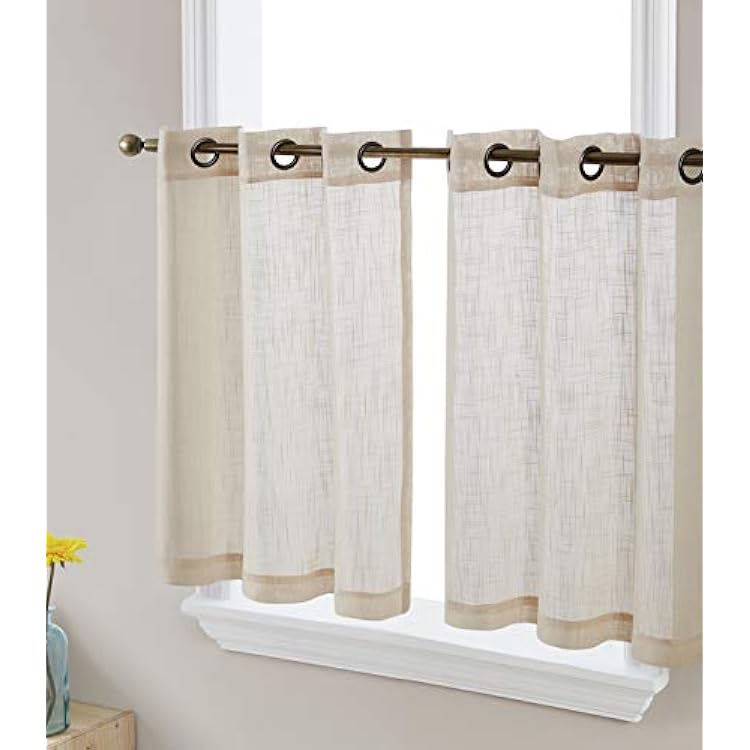 HLC.ME Abbey Faux Linen Textured Semi Sheer Privacy Light Filtering Transparent Grommet Short Thick Cafe Curtain Tiers for Small Windows, Kitchen & Basement, Set of 2 35 W x 24 L, Beige