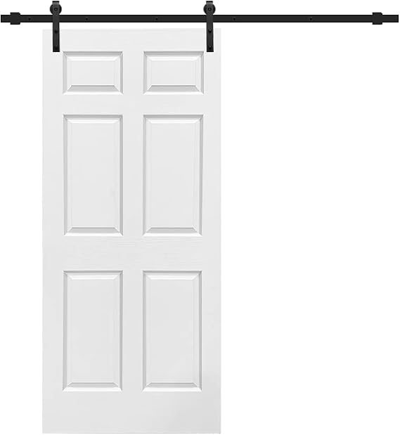 30 in. x 80 in. White Primed MDF 6 Panel Interior Sliding Barn Door with Hardware Kit