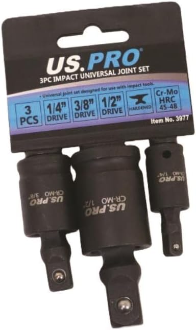 US PRO Tools 3pc Impact Universal Wobble Joint Set 1/4", 3/8",1/2" Drives 3977
