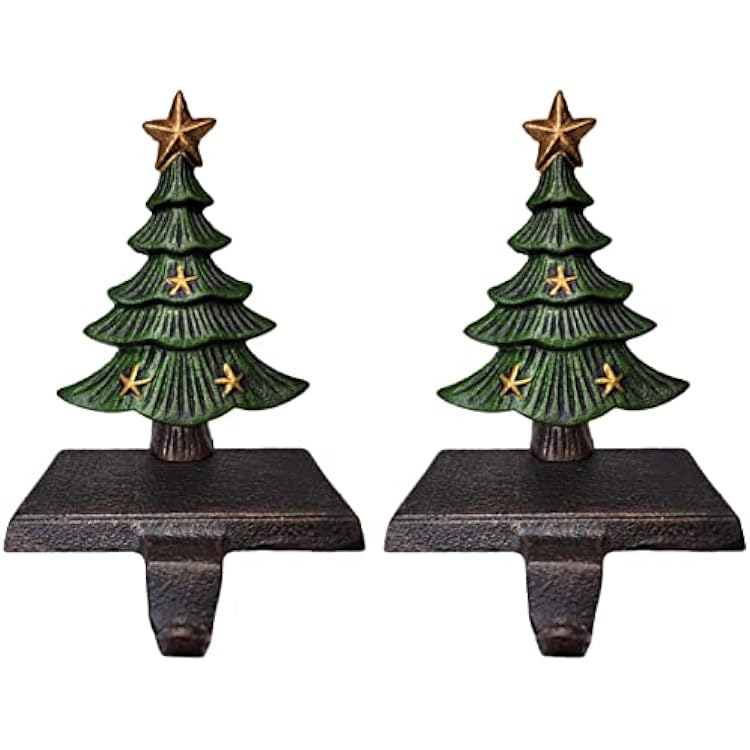 Lulu Decor Cast Iron Christmas Stocking Holders for Mantle, Solid Green Tree Topped with Gold Star, Weighted Sturdy Tree Hooks Hangers for Holiday Decoration Set of 2