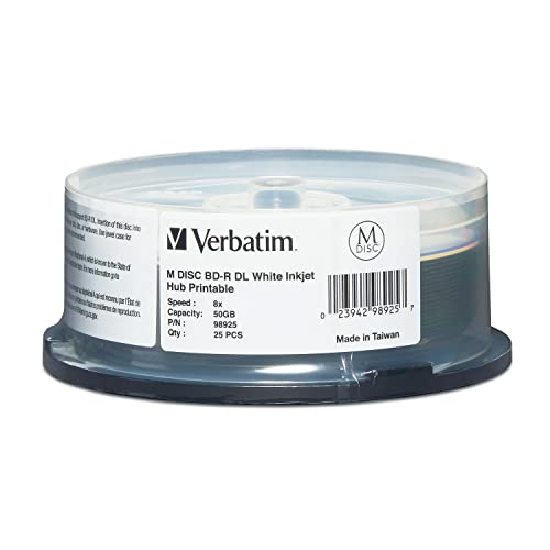 Verbatim M DISC BD-R DL 50GB 8X White Inkjet Printable, Hub Printable 25pk Spindle
