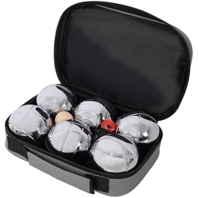Metal Boccia Ball Set for Adults, 6 Steel Bocce Balls with Wooden Jack & Measuring Tool, Outdoor Petanque Game Set with Carrying Bag for Lawn, Beach & Backyard,Gray