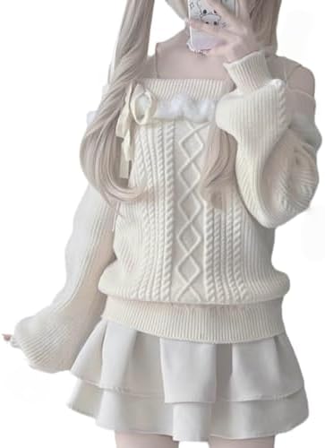 Kawaii Sweater Teens Lolita Off The Shoulder Tops Women Knit Cutecore Clothes Japanese Y2K Trendy Cute Sweaters