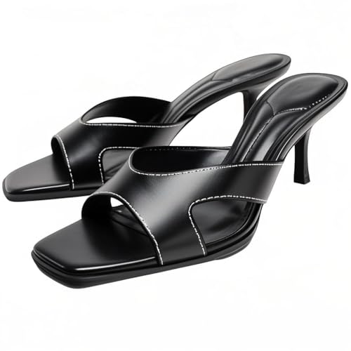 YIYA Womens Brown Kitten Mules Heels Open Square Toe Stiletto Heels Slip On Slides Sandals Comfortable Dress Summer Shoes