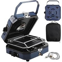 Propane Double Burner Two Burner Camp Stove, 16000 BTU Portable Folding Gas Stove for Camping, With grill, grill pan and carry bag, For camping, home backyard, canning, frying turkey (Blue)