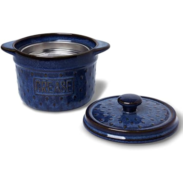 Ceramic Bacon Grease Container with Strainer -18oz,Ceramic Frying Oil Container Keeper for Kitchen, Easy-Grip Handle,Dishwasher Safe Vintage Blue