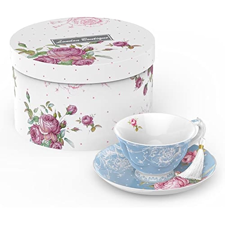 London Boutique Tea Cup and Saucer Set 1 Afternoon Tea Set New Bone China Vintage Flora Gift Box 200m Blue