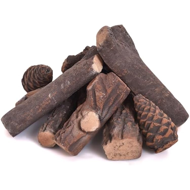 HAPPYGRILL Gas Fireplace Logs, 9 Piece Set of Ceramic Wood Logs for Indoor, Gas Inserts, Vented, Electric or Outdoor Fireplaces & Fire Pits