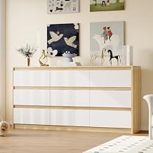 AGOTENI 63" W 9 Drawers Dresser with no Handles for Bedroom, Wooden Chest of Drawers Closet Clothes Storage Organizer for Walk-in Closet Living Room, Light Brown & White