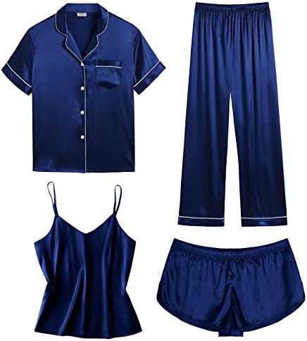 LecGee Womens 4 pcs Satin Pajamas Set Soft Sleepwear Silk Pj Soft Loungewear Nightwear