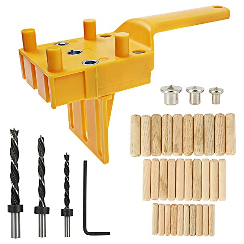 ODOMY 41PCS Handheld Woodworking Dowel Jig Kit, 6810mm Wood Dowel Drilling Guide Doweling Hole Saw Tools with Wood Dowel Pins & Twist Drill Woodworking Hole Jig Kit for Angle Drilling Holes