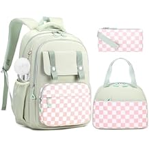 Amythe Girls Backpack with Lunch Box 3Pcs, Waterproof School Bag Set for Teen Elementary Middle School, Multi-Pocket Laptop Bookbag Lightweight, Green