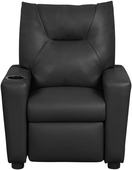 Lilola Home Perline 23" W Black PU Leather Kids Recliner Chair Faux Leather Toddler Armchair with Cup Holder and Soft Padded Back for Bedroom or Playroom