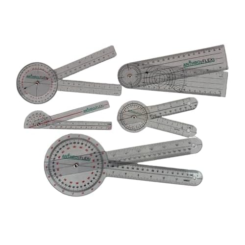 AnthroFlex Goniometer Set of 6: 12, 8, 6, 180, Finger, Spinal - to Measure Range of Motion of Joints for Physical Therapy and Occupational Therapy - CM and Inches, Made of Durable Plastic