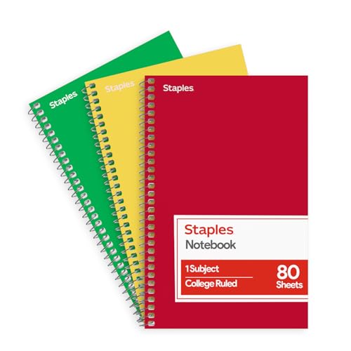 STAPLES 1Subject Spiral Notebook, College Ruled, 80 Sheets, Assorted Colors, 3Pack