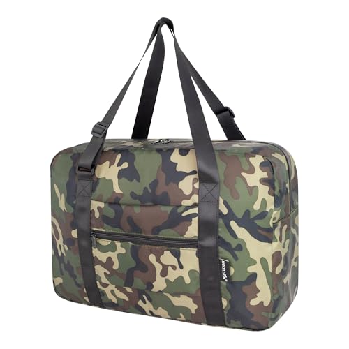Small Duffle Bag for Men Women, Mini Gym Bag Foldable Travel Tote Carry On Luggage with Trolley Sleeve, Green Camo