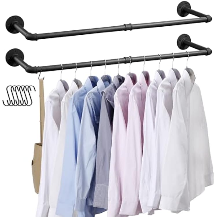 Industrial Pipe Clothes Rack Wall Mounted Clothing Rack Set of 2,38.2 Inches Heavy Duty Iron Garment Rail,Space-Saving Hanging Rod for Laundry Room,Bedroom,Closet Storage