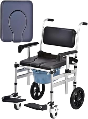 Bedside Commode with Wheels, Folding Raised Toilet Seat, Aluminium Shower Chair with Casters, Upholstered Over Toilet Commode Wheelchair