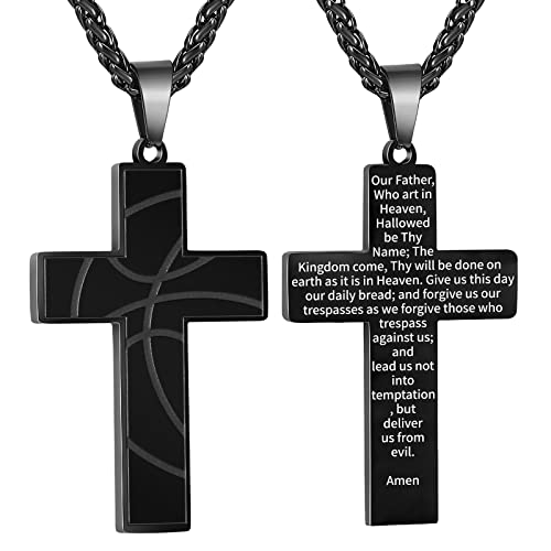 Easter Basket Stuffers- Basketball Cross Necklace for Boys Men, Stainless Steel Bible Verse Pendant Chain, Christian Religious Jewelry Gifts for Son Teen Teenage