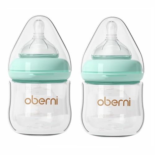 Glass Baby Bottles,Anti Colic Breastfeeding Bottle with Natural Response Nipple Size S,Wide Neck Slow Flow Baby Bottle for Baby,Newborn,Preemie 0-3 0-6 Month,BPA Free Blue, 2 Pack, 4 Ounce