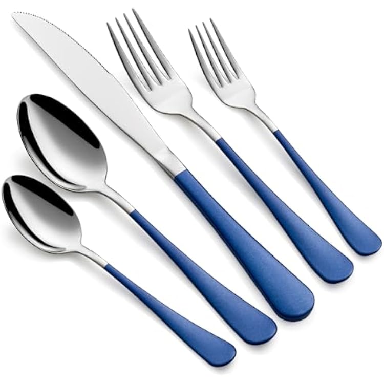20-Piece Dark Blue Silverware Set 180 Stainless Steel Silverware Set Dark Blue Handle Cutlery Set Service for 4 Dinner Knives Forks Spoons Set Flatware Set Finish Dishwasher Safe