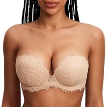 DOBREVA Women's Strapless Push Up Bra Lace Plus Size Plunge Padded Underwire Bras Add 1 Cup