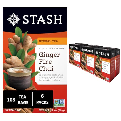 Stash Tea Ginger Fire Chai Herbal Tea, Contains Caffeine, Kosher, Gluten Free & Non-GMO, 18 Tea Bags Pack of 6