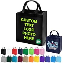 Custom Tote Bags 100/200 Pack Personalized Bulk Customizable Grocery Bags, Customized Reusable Shopping Bags with Logo Text, Handles, For Promotional Items, Business Branding Trips Mall Fair
