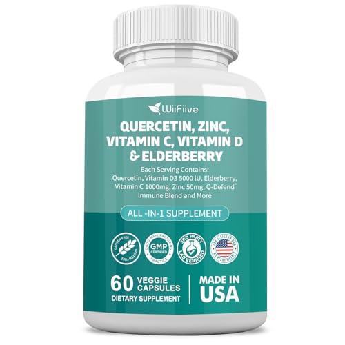 60 Count Quercetin 50 mg Zinc 1000 mg Vitamin C 5000 IU Vitamin D3 1000 mg Turmeric 1000 mg Elderberry with Q-Defend Immune Blend Reisshi Nettle Arteemisinin, Non-GMO, Free Supports Health