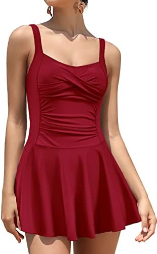 SHEKINI Women Vintage One Piece Swim Dress Modest Wrap Ruched Tummy Control Swimsuit with Skirt Swimdress Bathing Suit