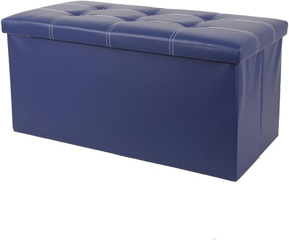 Large Ottoman Foot Stool Pouffe Seat Storage Box Folding Classic Faux Leather (Navy Blue, Single 38x38x30CM)