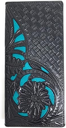 Western Genuine Leather Tooled Laser Cut Men's Long Bifold Wallet in 3 colors (Black/Turquoise)