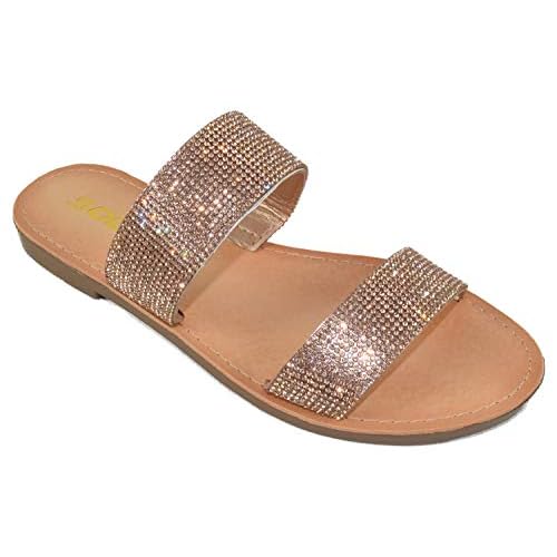 Soda Shoes Women Flip Flops Slippers Sandals Double Strap Slide Casual Bling Rhinestone Crystals AMONG-S